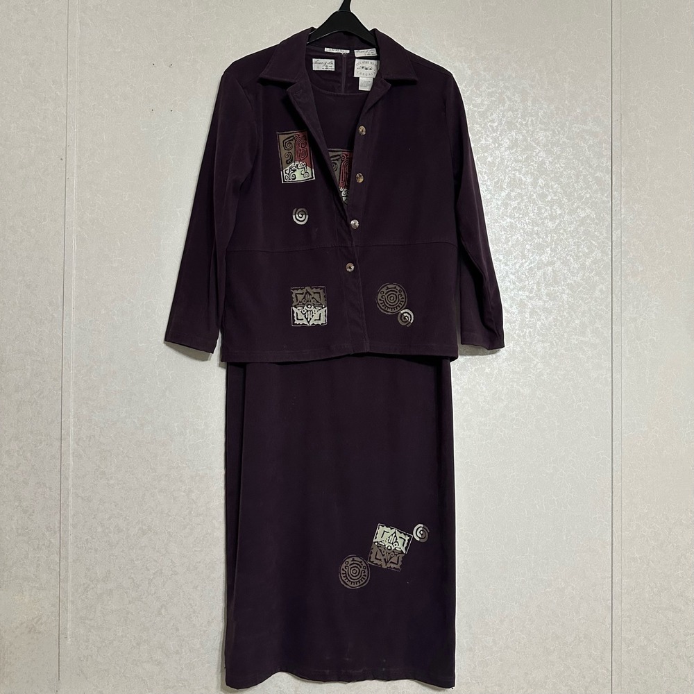 Country Wear Casuals VTG Purple Faux Suede Short Sleeve‎ Maxi Dress Jacket Set L
